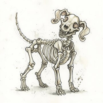 A whimsical skeletal dog illustration with a playful grin and wagging tail, rendered in a charming watercolor style with subtle ink accents.