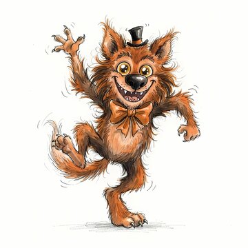 A whimsical cartoon wolf character dressed in a top hat and bowtie dances with glee, its furry form captured in a playful and energetic illustration.