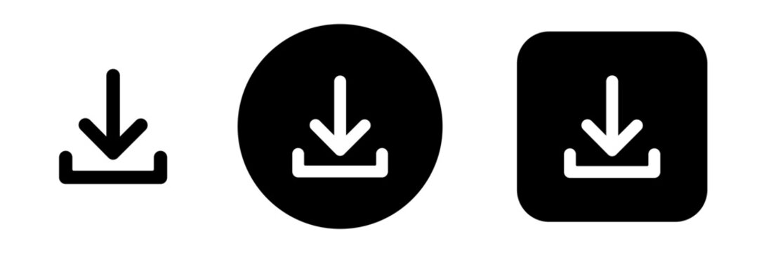 Download button icon set with downward arrow symbol. Save and file download solid black icons for cloud storage, digital downloads and file management