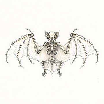 An anatomical illustration showcases the delicate skeletal structure of a bat, its wings outstretched in an artistic portrayal of natural form and scientific detail.