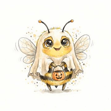 A cute bee dressed as a ghost for Halloween, holding a pumpkin bucket, with a whimsical, watercolor illustration style.