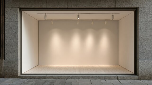Empty retail storefront with illuminated interior, modern facade