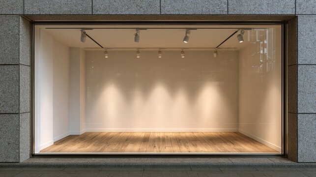 Empty retail storefront with warm spotlights illuminating polished wooden floor
