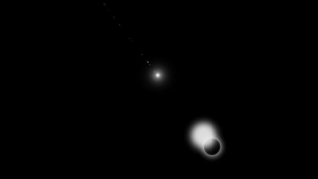 Abstract depiction of a celestial event with a bright star and a partially eclipsed planet in the dark expanse of space