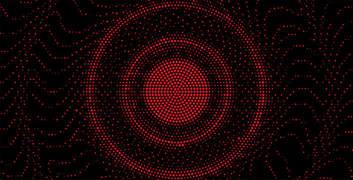 Abstract red circular particle pattern on black background with varied dot sizes and flowing arrangement, modern Vector Illustration