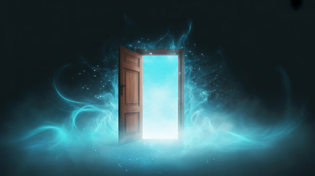 Wooden door opening to a bright blue light surrounded by swirling magical smoke and sparkles in a dark room.