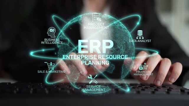 ERP platform visual showing centralized system for enterprise resource planning, improving integration, data flow, business efficiency, finance, inventory, and human resources. Muxer