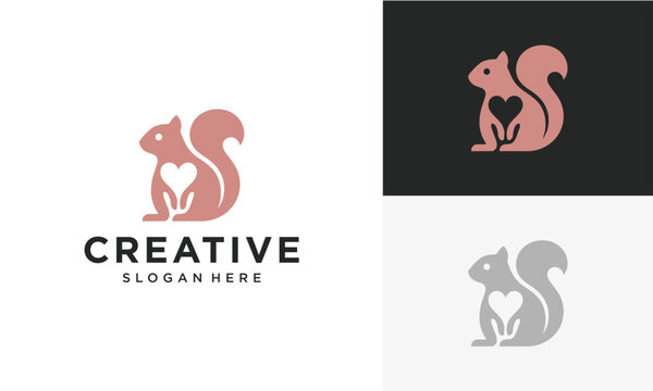 Creative squirrel logo design vector template with heart negative space