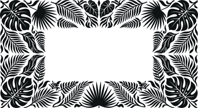 Black and white tropical leaf frame with monstera and palm foliage for summer design borders