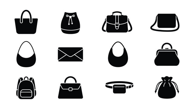 Various stylish black flat icons of different types of bags and pouches