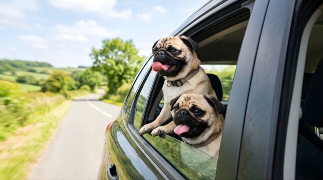 Two cute pugs looking out of a car window while driving on a road trip