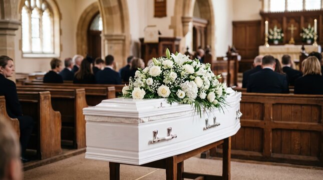 A white casket adorned with floral arrangements inside a church during a solemn funeral service