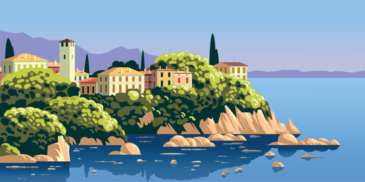 Mediterranean island cityscape with italian small houses, blooming green trees, cypresses, blue sea and coastal line in the background. Handmade drawing vector illustration.
