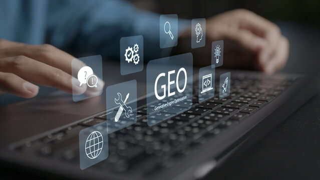 GEO Generative Engine Optimization concept. Person using laptop with AI search, neural network and ranking icons, AI search engine visibility and content optimization strategy.