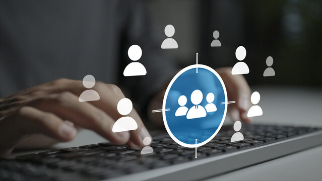 Target customer concept. Person typing keyboard with target and user profile icons, audience segmentation, ideal client persona and market reach strategy.