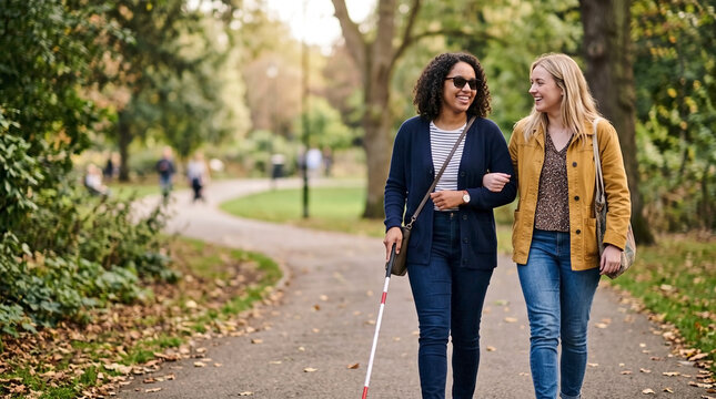Blind woman walking with supportive friend on sunny park pathway. Visually impaired woman walking with supportive friend, smiling, sharing conversation and enjoying day.