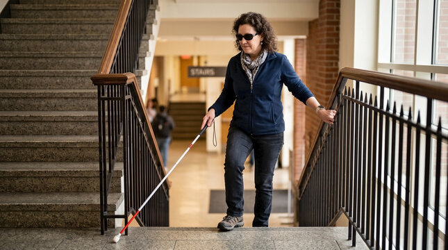 Blind woman navigating building stairs with white cane, demonstrating independence. Focused blind woman navigating steps, holding handrail for stability. 