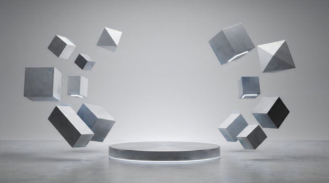 Empty round podium with floating geometric shapes for product display on a grey background