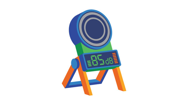 A colorful 3d rendered digital sound level meter standing on a white background for measurement with circular sensor showing decibels stands tripod