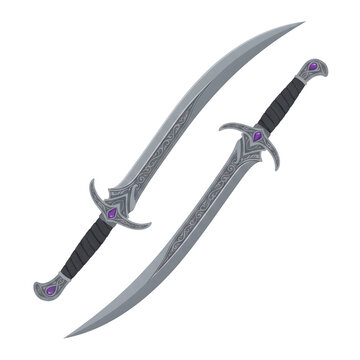 Pair of Ornate Fantasy Curved Swords Dual Blades with Purple Gemstones RPG Game Weapon Vector Illustration Isolated on White Background