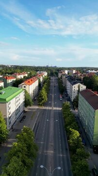Munkkivuori, Helsinki, Finland. Aerial drone view of a residential neighborhood with apartment buildings, urban architecture, and green surroundings.