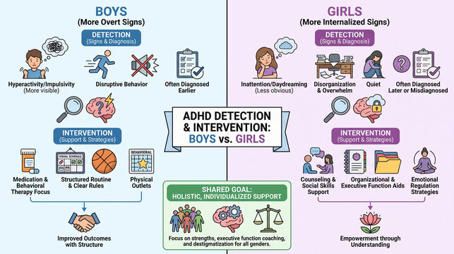 ADHD signs and support infographic for boys and girls