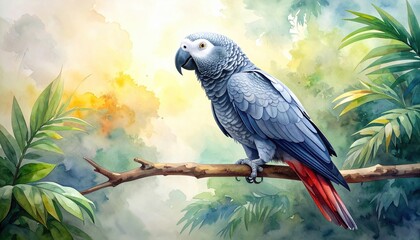 Fototapeta premium Vibrant watercolor painting of an African grey parrot perched on a tropical branch under soft golden light symbolizing intelligence, communication, and connection with nature