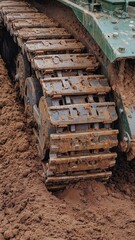 Fototapeta premium Heavy-duty tracked vehicle treads through muddy terrain, showcasing industrial power and earthmoving capability in a challenging environment.