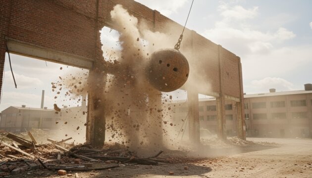 rusted wrecking ball demolishing old factory wall symbol of transition renewal and industrial decline at midday