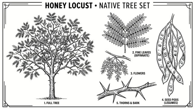 Very beautiful black and white realistic vector set of Honey Locust (Gleditsia triacanthos) featuring the full tree, fine leaves, flowers, and seed pods, HONEY LOCUST &bull; NATIVE TREE SET, isolated on wh