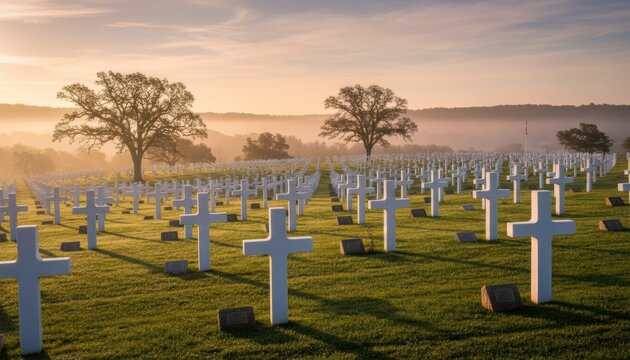 Rows of white Latin crosses mark graves in a vast military cemetery surrounded by a morning fog and tall trees