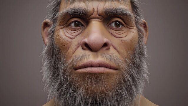 Detailed Portrait of a Neanderthal Man with Gray Beard, Realistic Reconstruction of Ancient Human Ancestor.