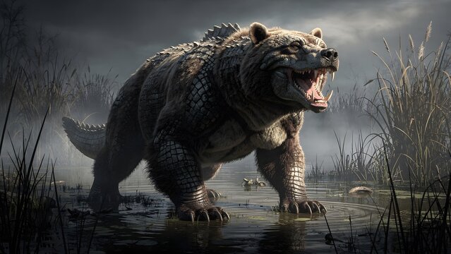 Fantasy Hybrid Monster Bear and Crocodile in Swamp