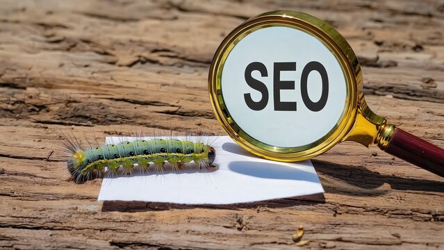 SEO Analysis and Digital Growth: Magnifying a Caterpillar Metamorphosis Representing Website Optimization and Online Visibility.