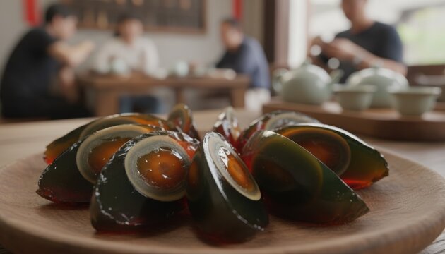 Sliced century eggs on a wooden plate in the foreground, with people sitting at a tea ceremony table blurred in the background