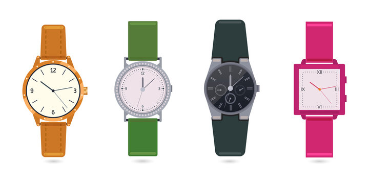 Colorful watches with different designs and straps on transparent background