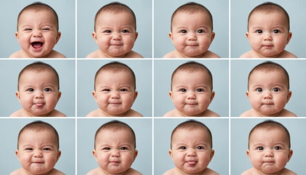 Grid of twelve baby faces showing various funny expressions including laughter crying sticking out tongue and smiling