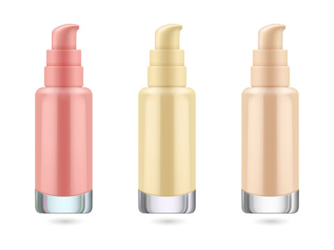 Three foundation bottles in different shades for makeup on transparent background