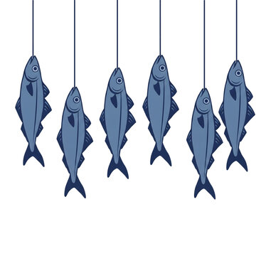 Row of Blue Fish Hanging on Lines Vector Illustration Fishing Catch Concept Isolated on White Background