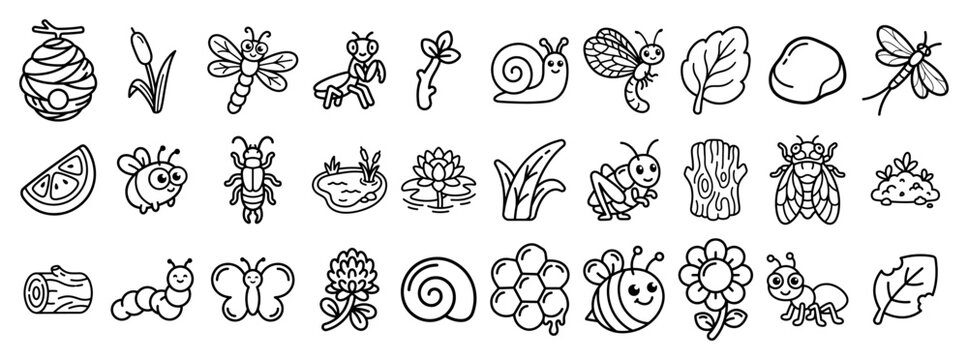 Nature and garden insects icons collection featuring bugs and outdoor elements in hand drawn doodle style