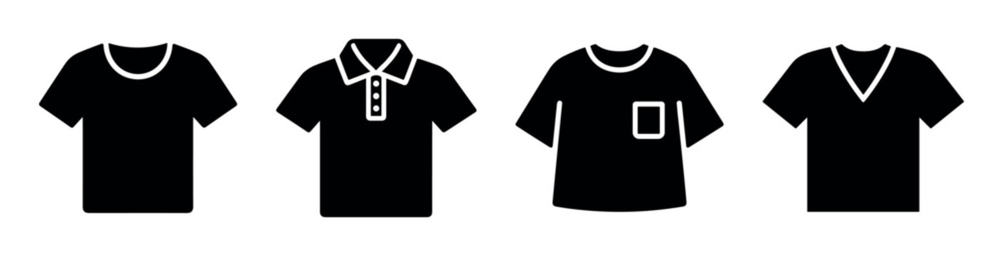 Collection of black t-shirt icons with different necklines and details