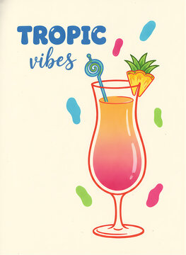 Tropical drink cocktail with pineapple slice and Tropic Vibes text vector illustration