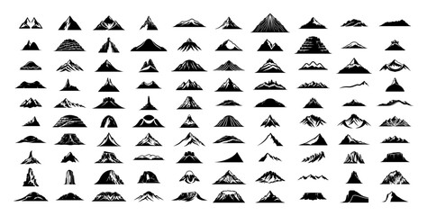 Fototapeta premium Mountain peaks and alpine landscape silhouettes set for outdoor adventure design