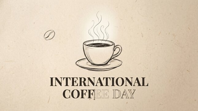 International Coffee Day banner with hand-drawn steaming espresso cup sketch and coffee bean on vintage textured paper background.