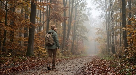 Fototapeta premium Woman with a backpack hiking on a dirt trail in an autumn forest. Back view of a female traveler walking through foggy woods with fall foliage
