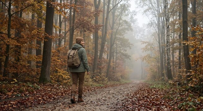 Woman with a backpack hiking on a dirt trail in an autumn forest. Back view of a female traveler walking through foggy woods with fall foliage