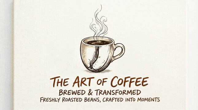 Artistic coffee poster with bean-shaped cup sketch, rising steam, and typography for cafe branding and international coffee day.