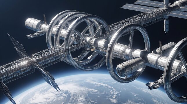 Close-Up View of Space Station Multiple Centrifuge Rings and Metallic Modules