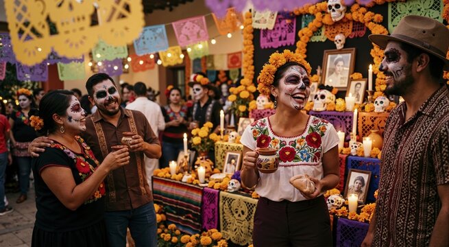 Smiling friends with calavera face paint at a Day of the Dead party. Mexican holiday celebration with traditional ofrenda and papel picado banners