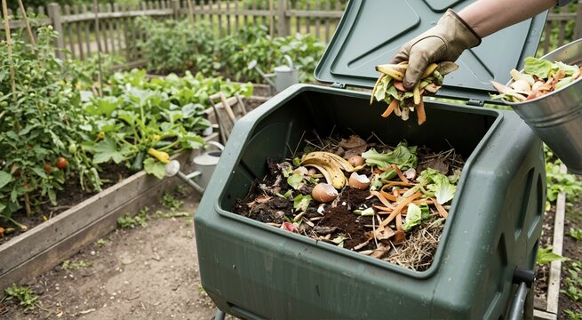 Emptying kitchen scraps into a compost bin. Organic waste recycling for garden fertilizer. Sustainable living and composting concept
